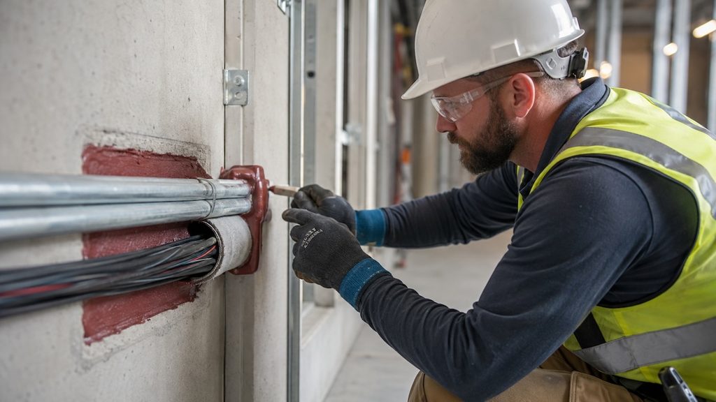 Construction worker wearing a hard hat and high-visibility vest inspecting electrical cables embedded in a concrete wall.