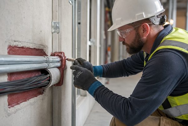 Construction worker wearing a hard hat and high-visibility vest inspecting electrical cables embedded in a concrete wall.